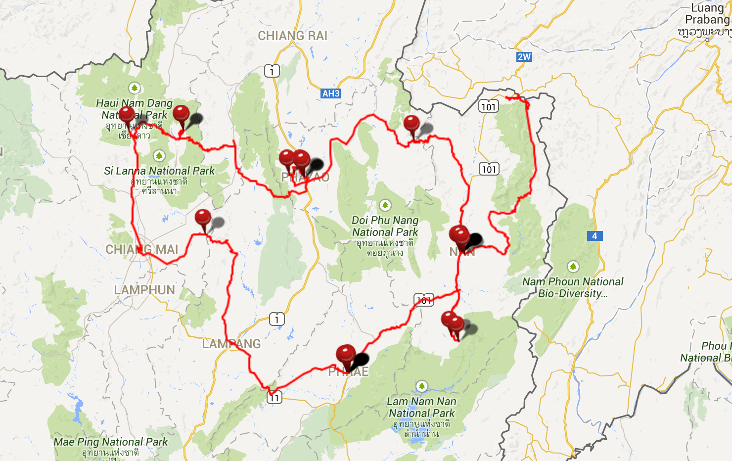 Northern Thailand road trip route