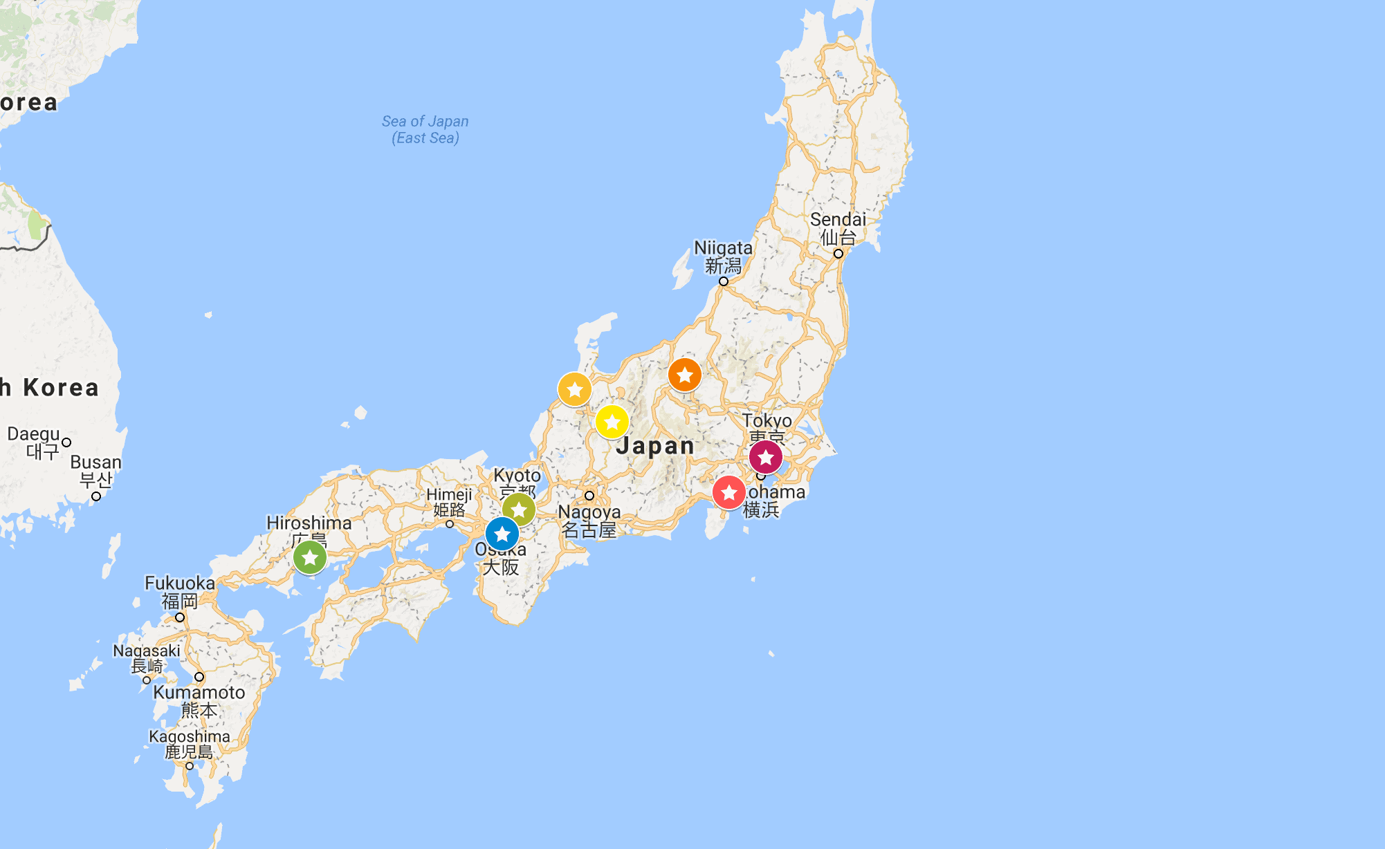 Two week itinerary map for Japan